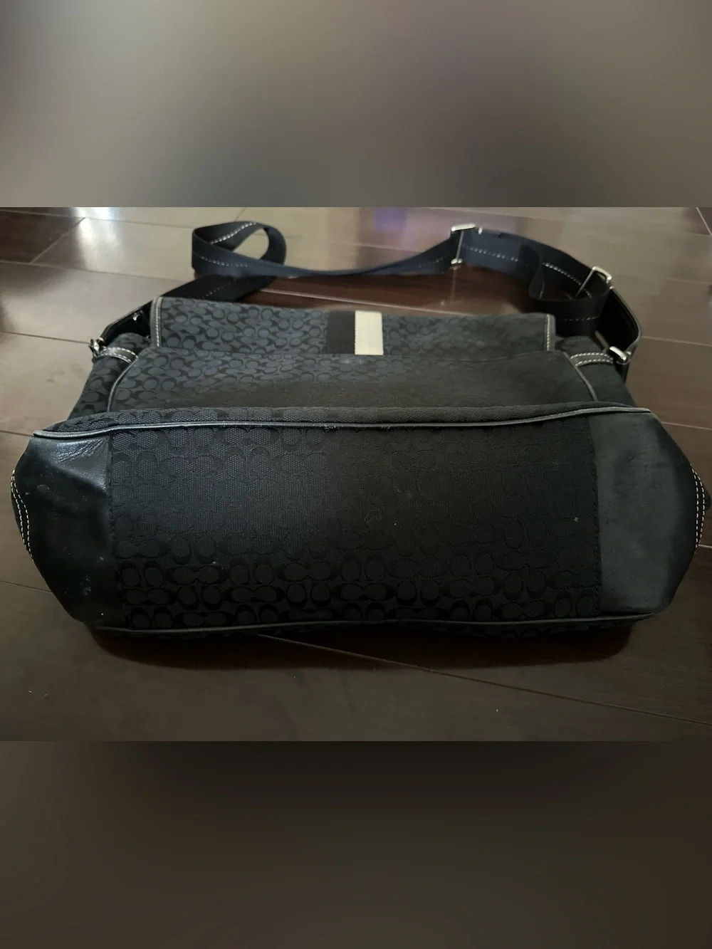 Coach Black Signature Messenger Bag with Cream Stripe